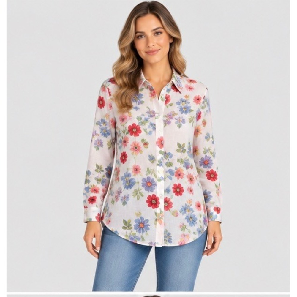 Polo Ralph Lauren Womens 6 Pink Floral Linen Button Down Shirt Boho Cottagecore